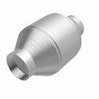 MagnaFlow Conv Univ 2.5in Inlet/Outlet Center/Center Round 3in Body L x 5in W x 8.75in Overall L in stainless steel.
