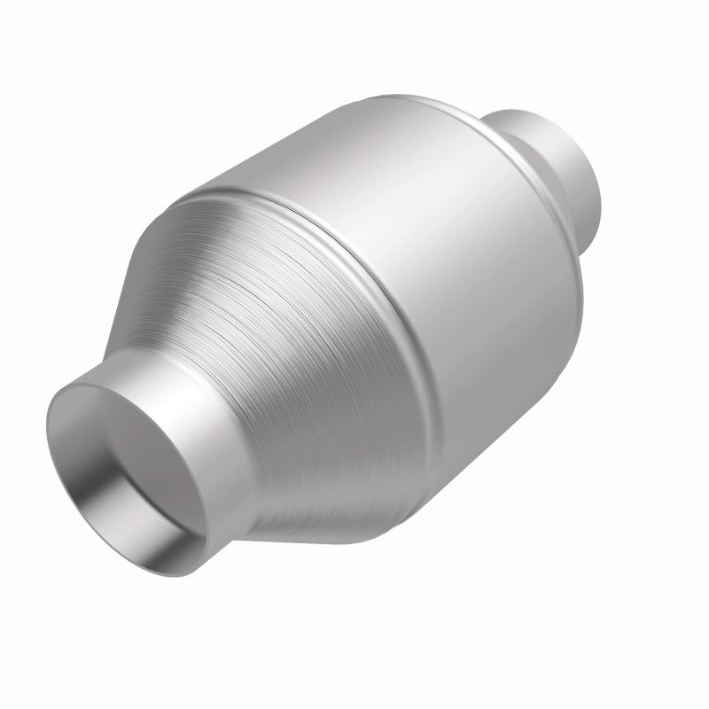 MagnaFlow Conv Univ 2.5in Inlet/Outlet Center/Center Round 3in Body L x 5in W x 8.75in Overall L in stainless steel.