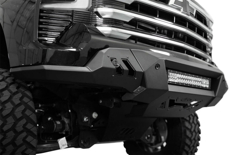 Addictive Desert Designs2022+ Chevrolet Silverado 1500 Black Label Front Bumper with LED light bar for offroad use.