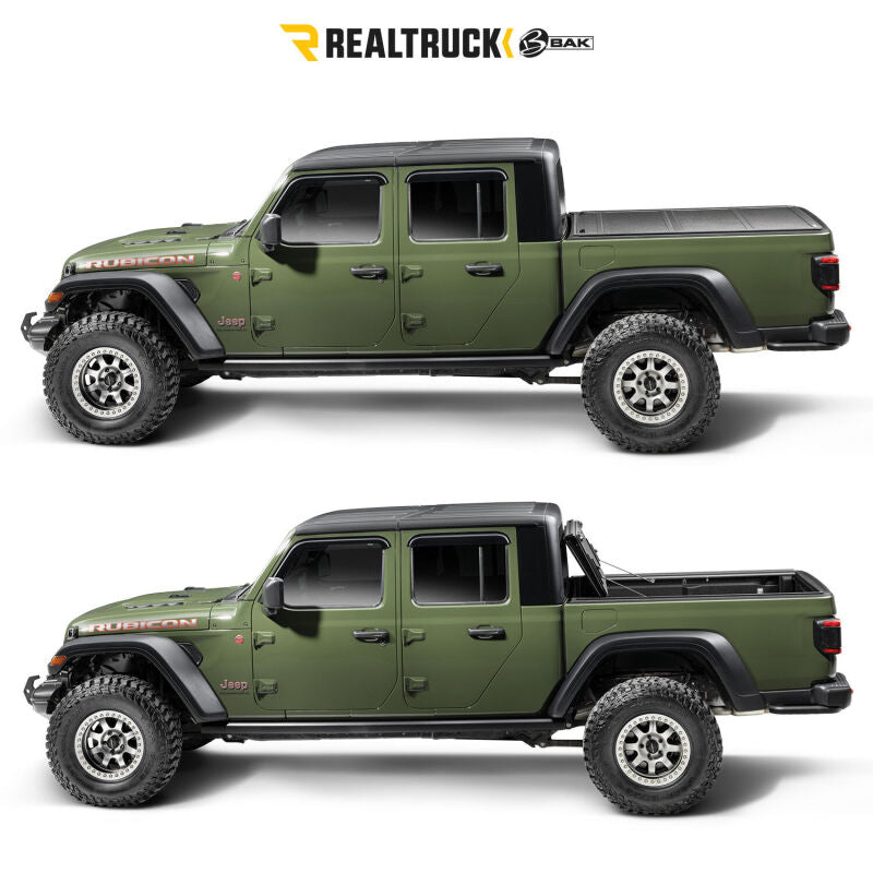 BAK 17-25 Honda Ridgeline 5.4ft. Bed BAKFlip MX4 TS on Jeep Gladiator with offroad tires and accessories.