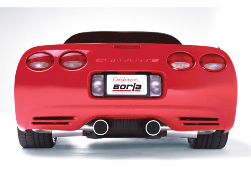 Borla 97-04 C5 Corvette (incl Z06) 5.7L V8 AT/MT Aggressive Stinger Cat-Back Exhaust on red Corvette