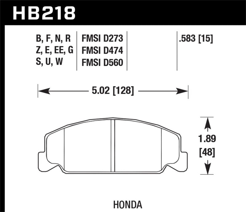 Hawk 88-89 Civic Si / 92-00 Civic CX / 88-00 DX / 98-00 GX HPS Front Brake Pads dimensions and specifications