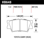 Hawk HPS Street Brake Pads dimensions for Toyota Camry rear