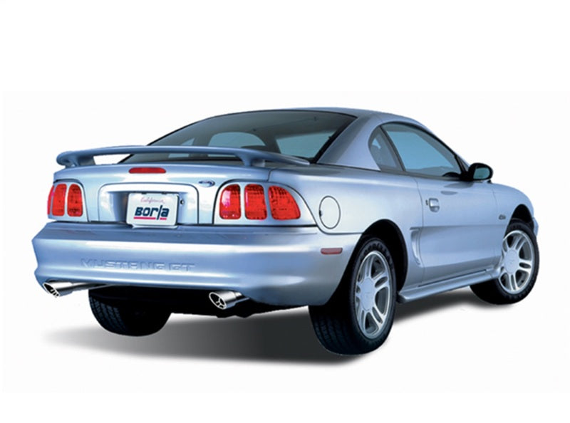 Borla 94-95 Mustang GT/Cobra V8 5.0L SS Catback Exhaust installed on a silver Mustang GT.