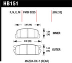 Hawk 81-85 Mazda RX-7 Blue 9012 Rear Race Brake Pads dimensions