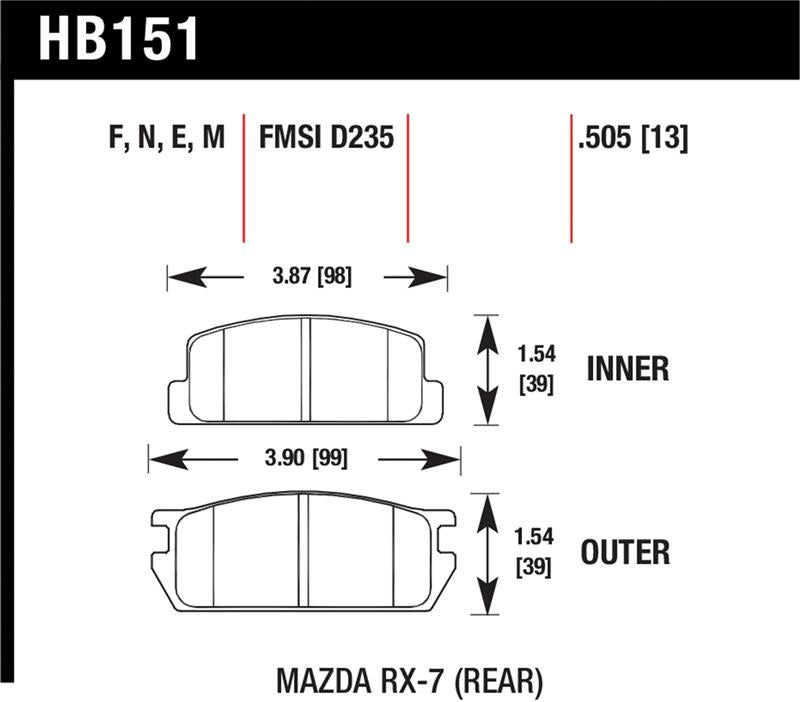 Hawk 81-85 Mazda RX-7 Blue 9012 Rear Race Brake Pads dimensions