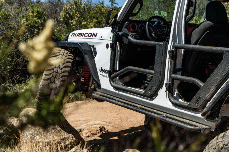 Body Armor 4x4 2018+ Jeep Wrangler JL Gladiator JT Tube Doors Front Pair installed on Rubicon for offroad adventures.