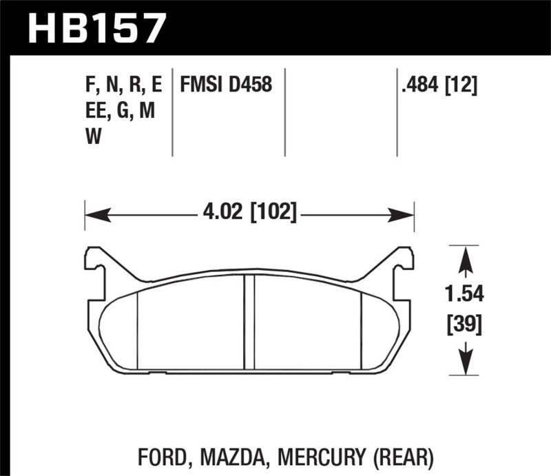 Hawk 89-93 Miata Blue 9012 Race Rear Brake Pads D458 dimensions