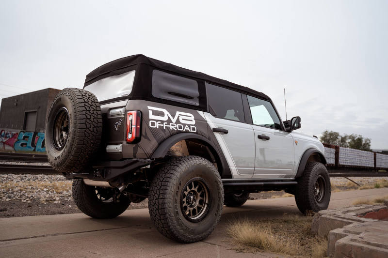 DV8 Offroad 21-22 Ford Bronco FS-15 Series Rear Bumper with spare tire and off-road tires