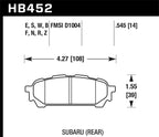Hawk 03-05 WRX D1004 HP+ Street Rear Brake Pads dimensions.
