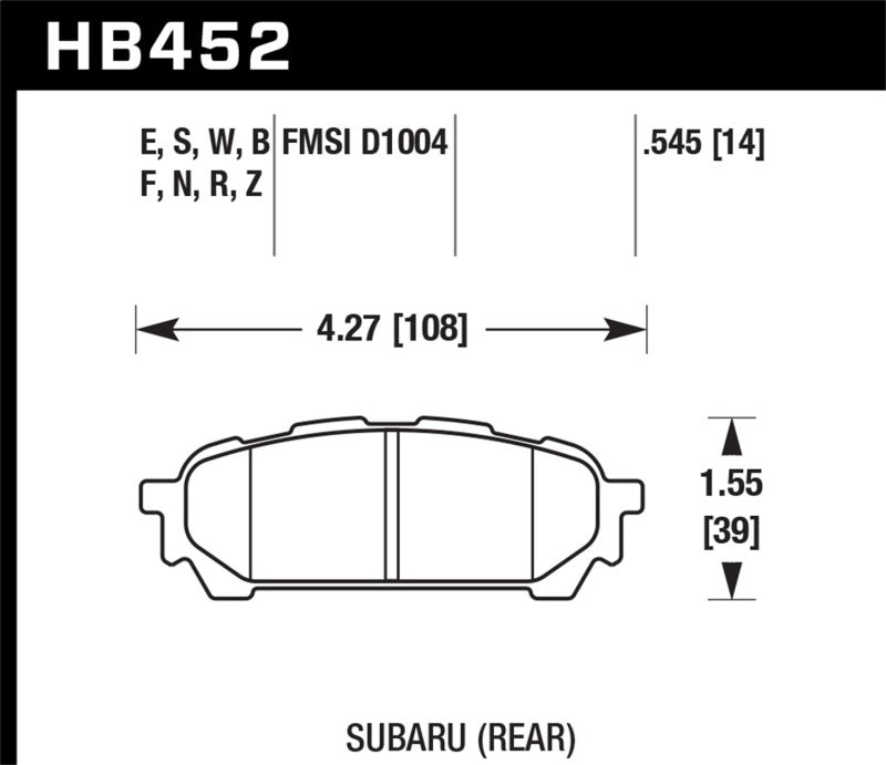 Hawk 03-05 WRX D1004 HP+ Street Rear Brake Pads dimensions.
