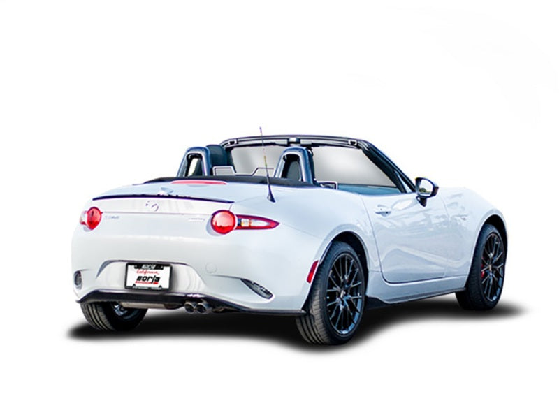 Borla 14-16 Mazda 3 2.0/2.5L AT/MT FWD S-Type Cat-Back Exhaust Single Split Rear Exit on sporty white convertible