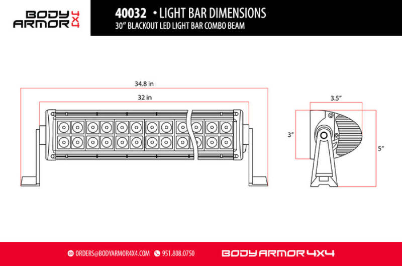 Body Armor 4x4 20in Blackout LED Light Bar Combo Beam with Wiring Harness dimensions diagram for offroad lighting.