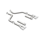 MagnaFlow Axle-Back, SS, 3in, Quad Split Rear 3.5 Tips 2015 Dodge Challenger incl SRT Hellcat exhaust system components.