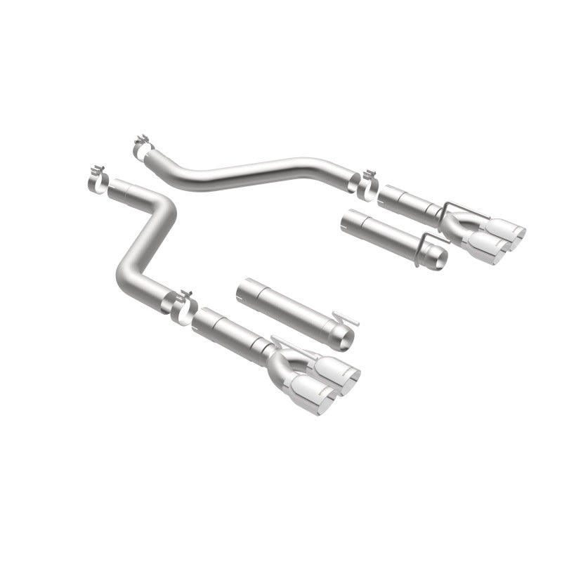 MagnaFlow Axle-Back, SS, 3in, Quad Split Rear 3.5 Tips 2015 Dodge Challenger incl SRT Hellcat exhaust system components.