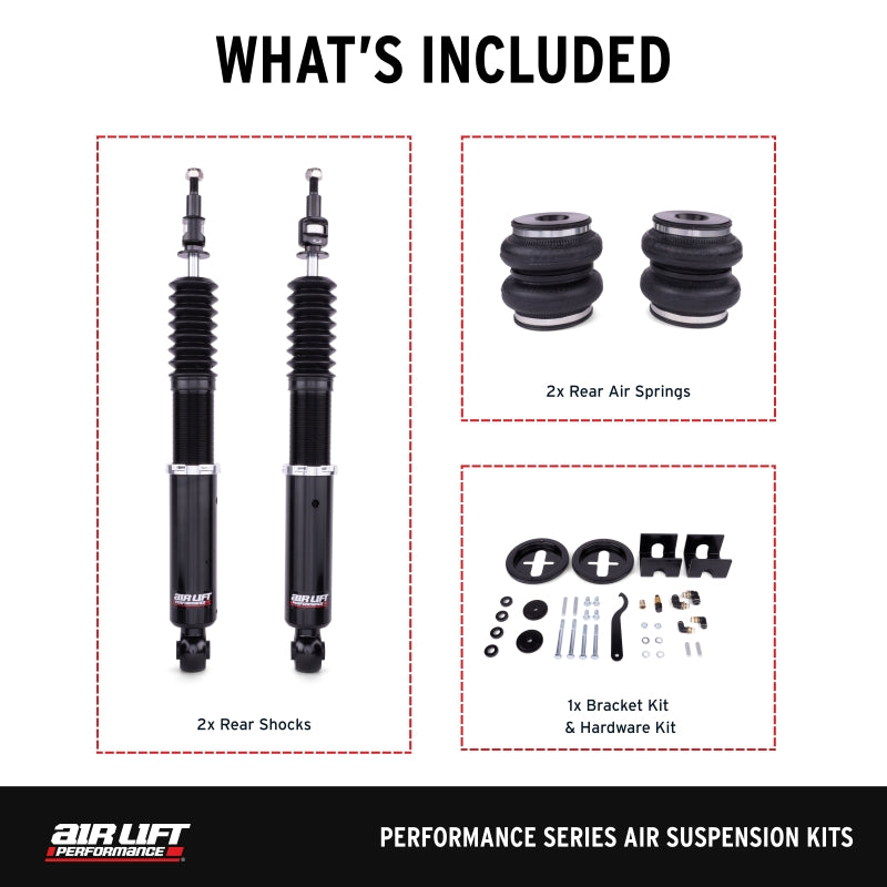 Air Lift 05-14 Audi A3 / 06-14 Volkswagen GTI Performance Rear Kit components including shocks and air springs.