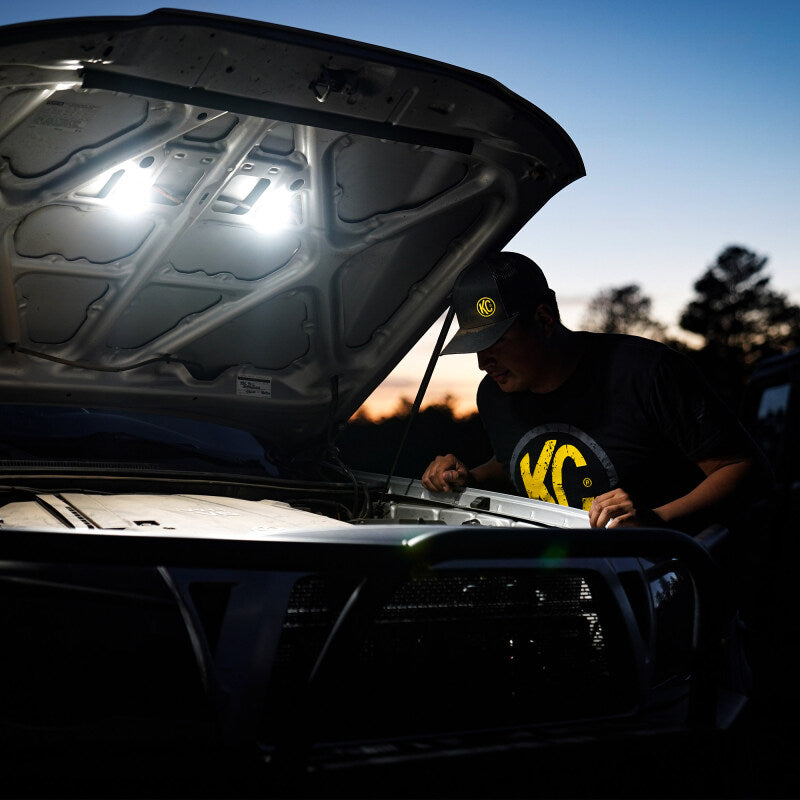 KC HiLiTES Cyclone 2in. LED Universal Under Hood Lighting Kit in use, providing bright light for off road parts and Jeep Wrangler accessories.
