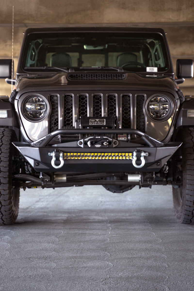 DV8 Offroad 07-23 Jeep Wrangler JK/JL & Gladiator JT FS-1 Series Stubby Front Bumper with winch and offroad lighting.