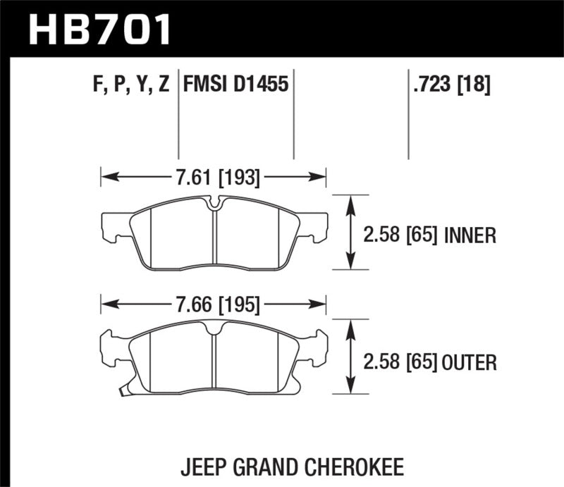 Hawk 11-12 Dodge Durango / 11-12 Jeep Grand Cherokee LTS Front Street Brake Pads dimensions diagram.