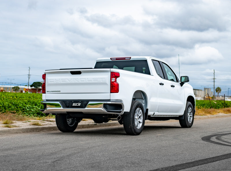 Borla 2019 Silv/Sierra C/B Exhaust Touring 1500 5.3L V8 AT 2&4WD EC STB(78.8) CC SB(69.3) 147.4 WB on white Chevrolet truck