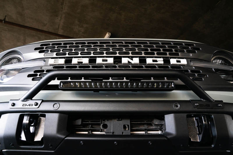 DV8 Offroad 2021-2022 Ford Bronco (Not For Factory Plastic Bumper) Factory Bumper Bull Bar - Black with LED light.