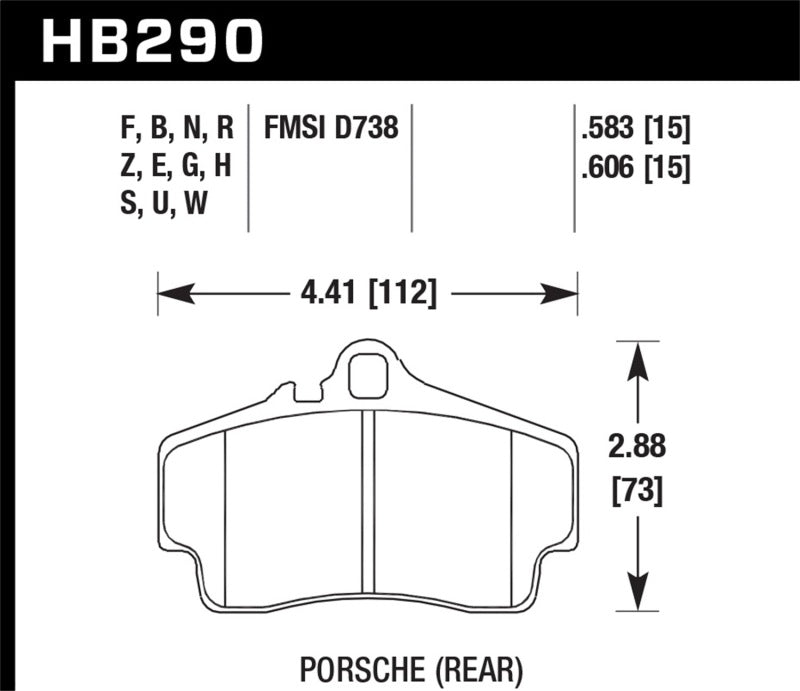 Hawk 98 Porsche 911 Targa/99-08 911 Carrera 4/00-06 Boxster S DTC-70 15mm Rear Brake Pads dimensions and specifications.