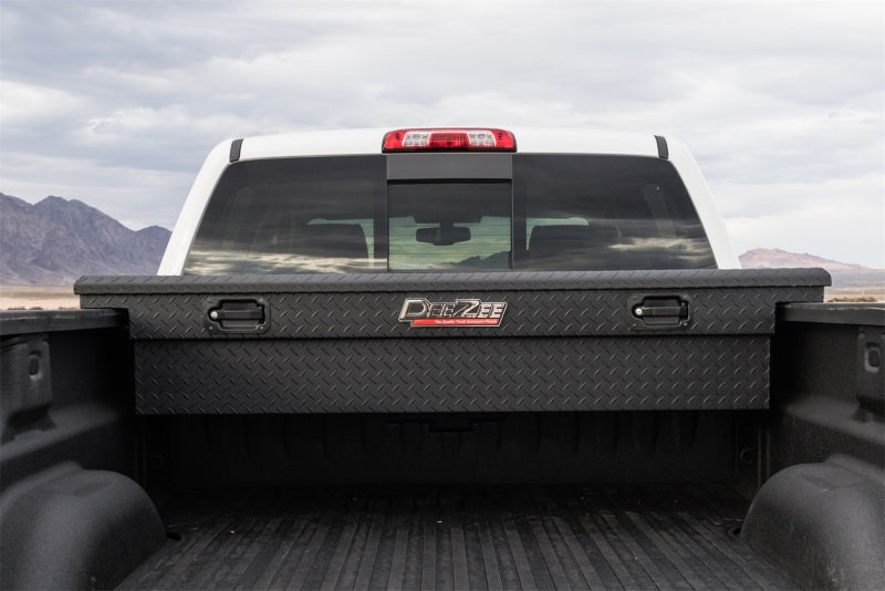 Deezee Universal Tool Box - Red Crossover - Single Lid Black BT Pull Handle (Low/Txt Blk) on truck bed, offroad truck accessories