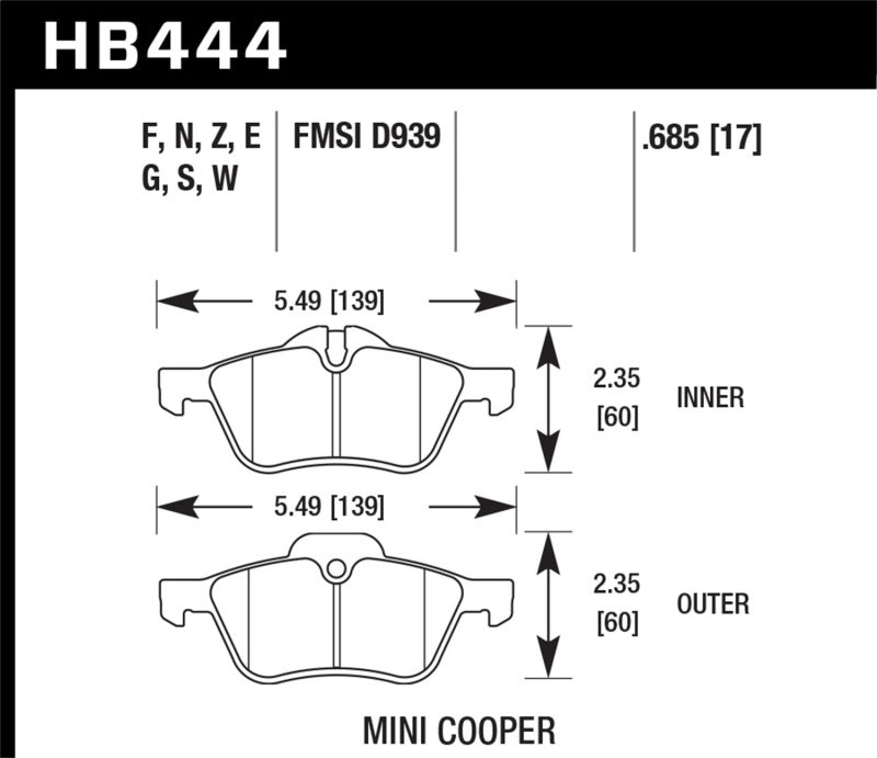 Hawk 02-06 Mini Cooper / Cooper S HPS Street Front Brake Pads dimensions diagram