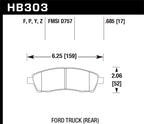 Hawk 99-05 Cadillac Excursion / 99-04 Ford F-250/F-350 Super Duty Pickup Rear LTS Street Brake Pads dimensions diagram