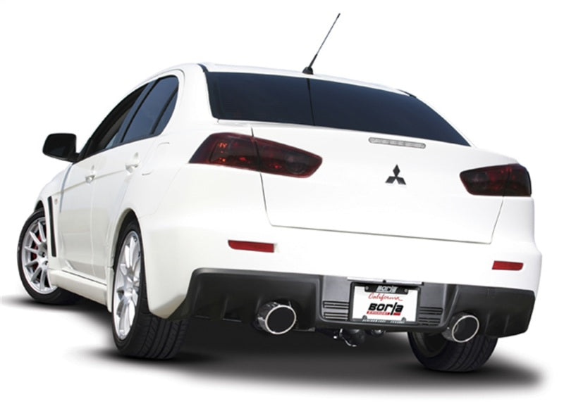 Borla 09-15 Mitsubishi Lancer Ralliart 2.0L 4cyl MT 6spd AWD Catback Exhaust on a sleek white car.