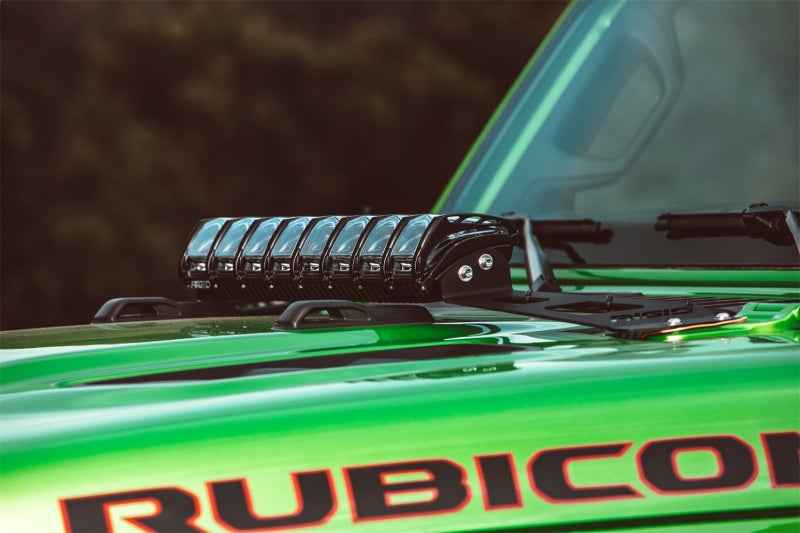 Rigid Industries 2018 Jeep JL - Hood Mount Kit - Mounts 20in Adapt Series with offroad lighting on green Jeep Rubicon.