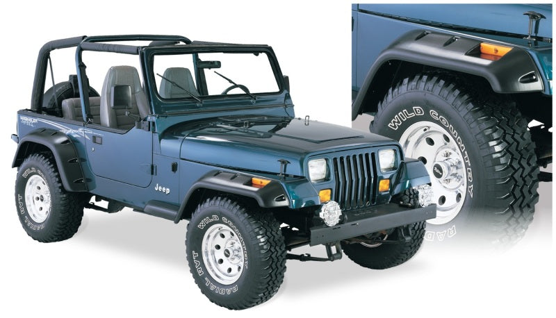 Bushwacker 87-95 Jeep Wrangler Cutout Style Flares 4pc Cutting Optional Not Renegade - Black installed on a Jeep Wrangler