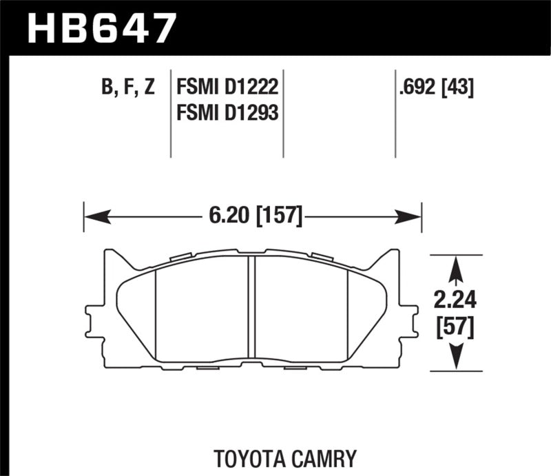 Hawk 10 Lexus ES350 / 07-11 Toyota Camry SE/XLE HPS Street Front Brake Pads dimensions and specifications.