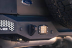 DV8 Offroad 21-22 Ford Bronco MTO Series Rear Bumper detail with flush mount lights and Ford logo.