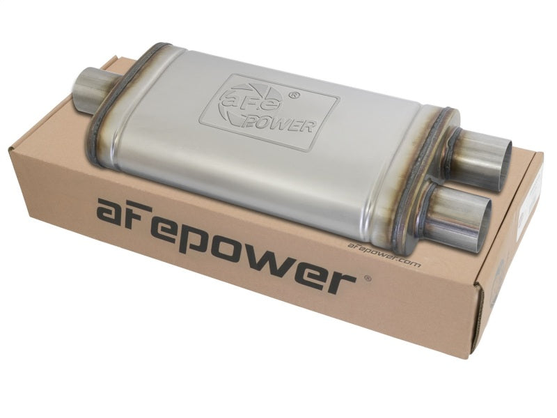 aFe MACHForce XP SS Muffler 2.5in Center Inlet / 2.5in Dual Outlets 18in L x 9in W x 4in H Body Secondary image