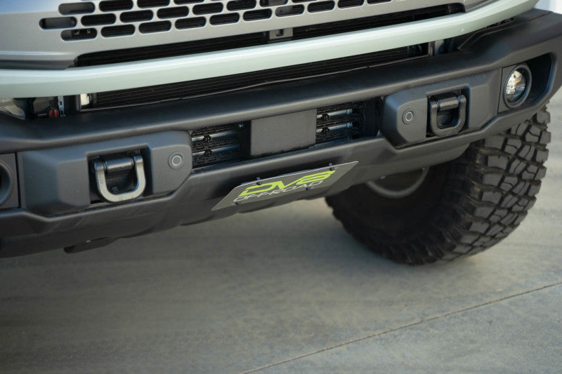 DV8 Offroad 2021 Ford Bronco Capable Bumper Slanted Front License Plate Mount on truck
