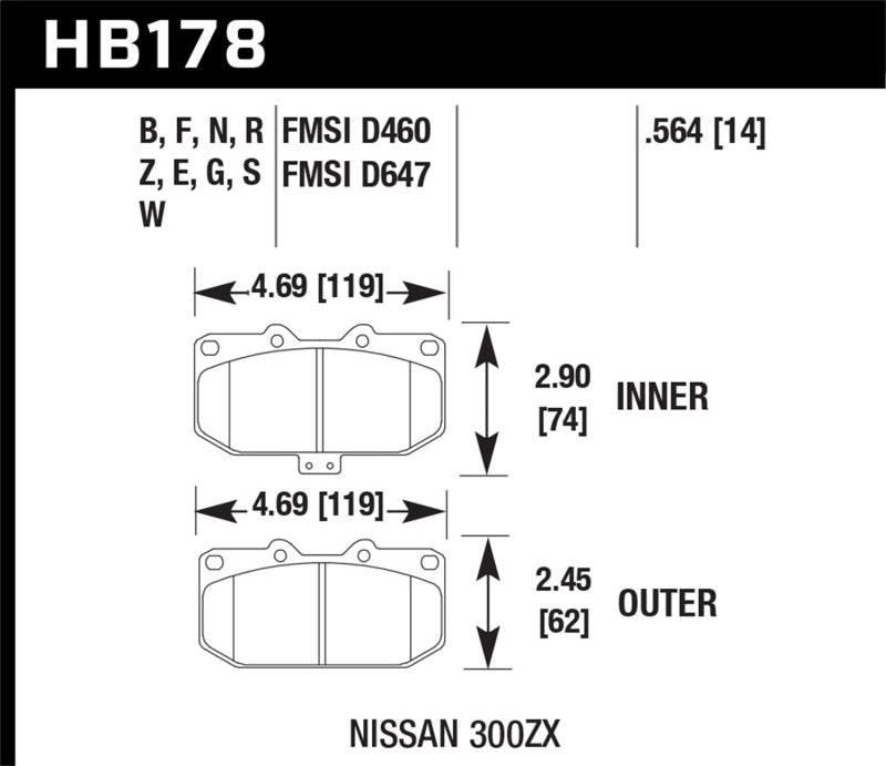 Hawk 06-07 WRX / 89-96 Nissan 300ZX / 89-93 Skyline GT-R HPS Street Front Brake Pads dimensions and specifications