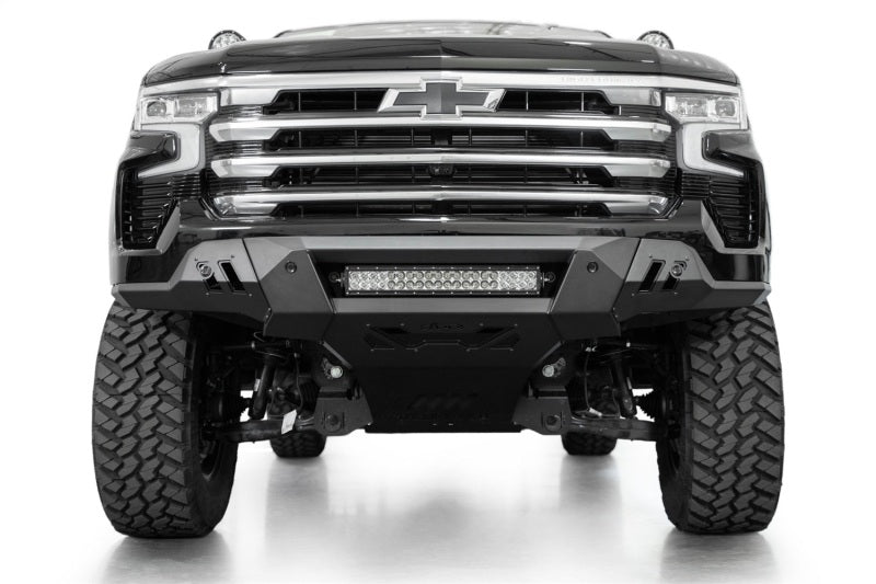 Addictive Desert Designs2022+ Chevrolet Silverado 1500 Black Label Front Bumper with offroad lighting features.