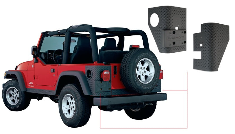Bushwacker 97-06 Jeep Wrangler Trail Armor Rear Corners - Black on red Jeep.