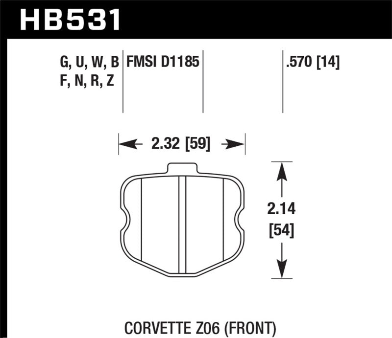 Hawk 06-13 Chevrolet Corvette Z06 DTC-60 Race Front Brake Pads measurements diagram.