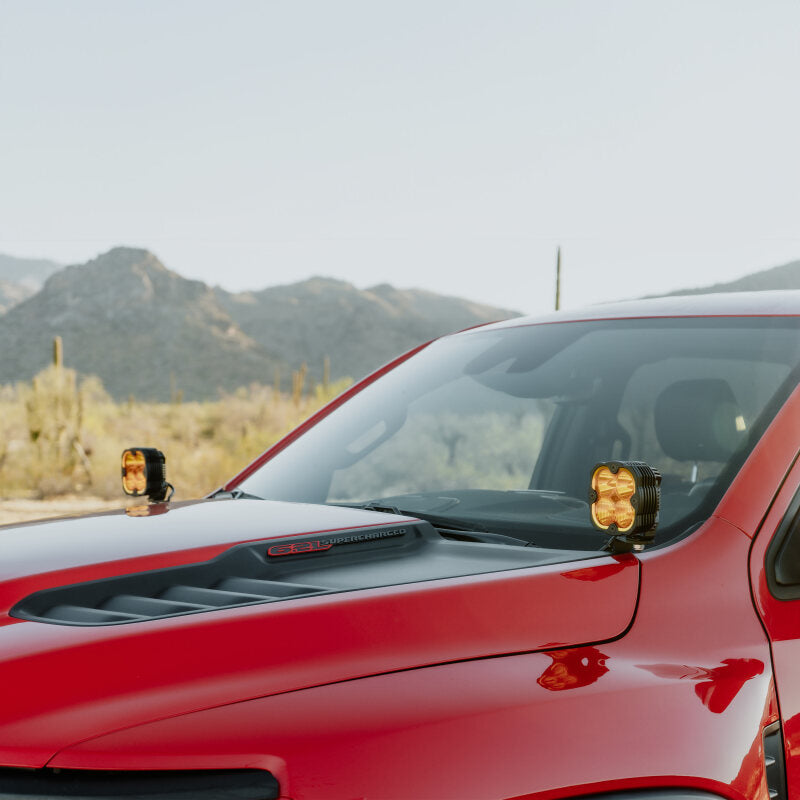 KC HiLiTES 2019+ RAM 1500 Rebel/TRX A-Pillar/Ditch Light Mount on red truck