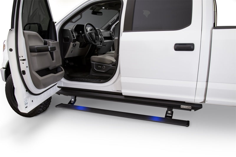 AMP Research 2015-2018 Ford F-150 SuperCrew PowerStep XL - Black on truck with open door
