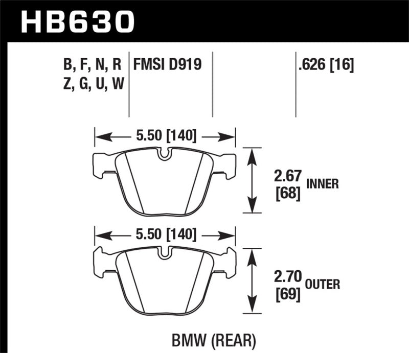 Hawk 06-10 BMW M5/M6 DTC-60 Rear Brake Pads dimensions diagram