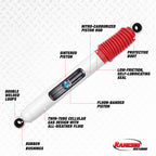 Rancho 10-17 Jeep Wrangler Front RS5000 Steering Stabilizer close-up showing features and design.