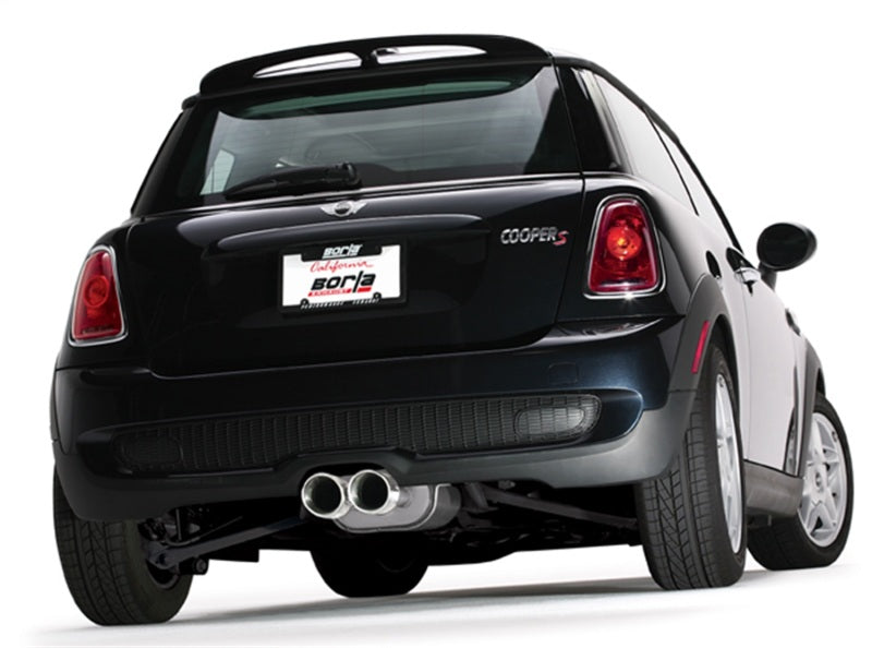 Borla 07-14 Mini Cooper S / Coupe S 1.6L Turbo FWD AT/MT Catback Exhaust visible on black Mini Cooper.
