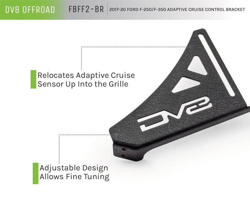 DV8 Offroad 2017+ Ford F/250/350 Adaptive Cruise Control Relocation Bracket for offroad performance upgrades.