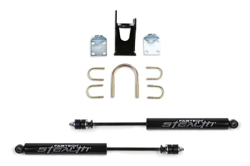 Fabtech 05-21 Ford F250/350 4WD Dual Stealth Steering Stabilizer Kit - Opposing Style parts with mounts and brackets.