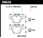 HB630 brake pad dimensions for Hawk 04-10 BMW 535i/545i/550i / 04-10 645Ci/650i /02-09 745i/745Li/750 DTC-70
