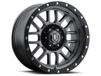 ICON Alpha 17x8.5 5x5 0mm Offset 4.75in BS 71.5mm Bore Gun Metal Wheel for offroad performance upgrades.