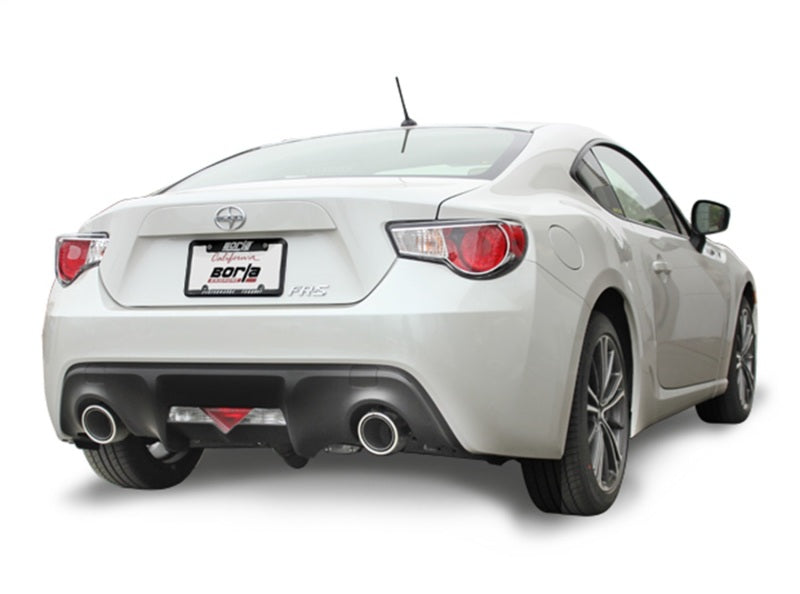 Borla 13-15 Scion FR-S 2.0L 4cyl 6spd / 13 Subaru BRZ 2.0L 4cyl 6spd SS Catback Exhaust on white car rear view.